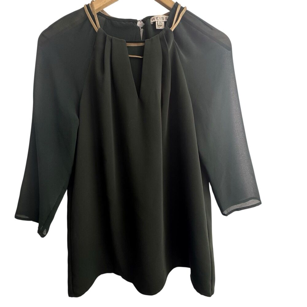 REISS Women's Blouse Top Green w Gold Chain Neckline US Size 2 UK Size 6